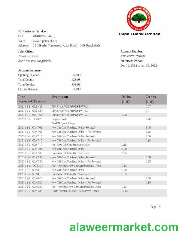 Bangladesh Rupali Bank statement template in Word and PDF format